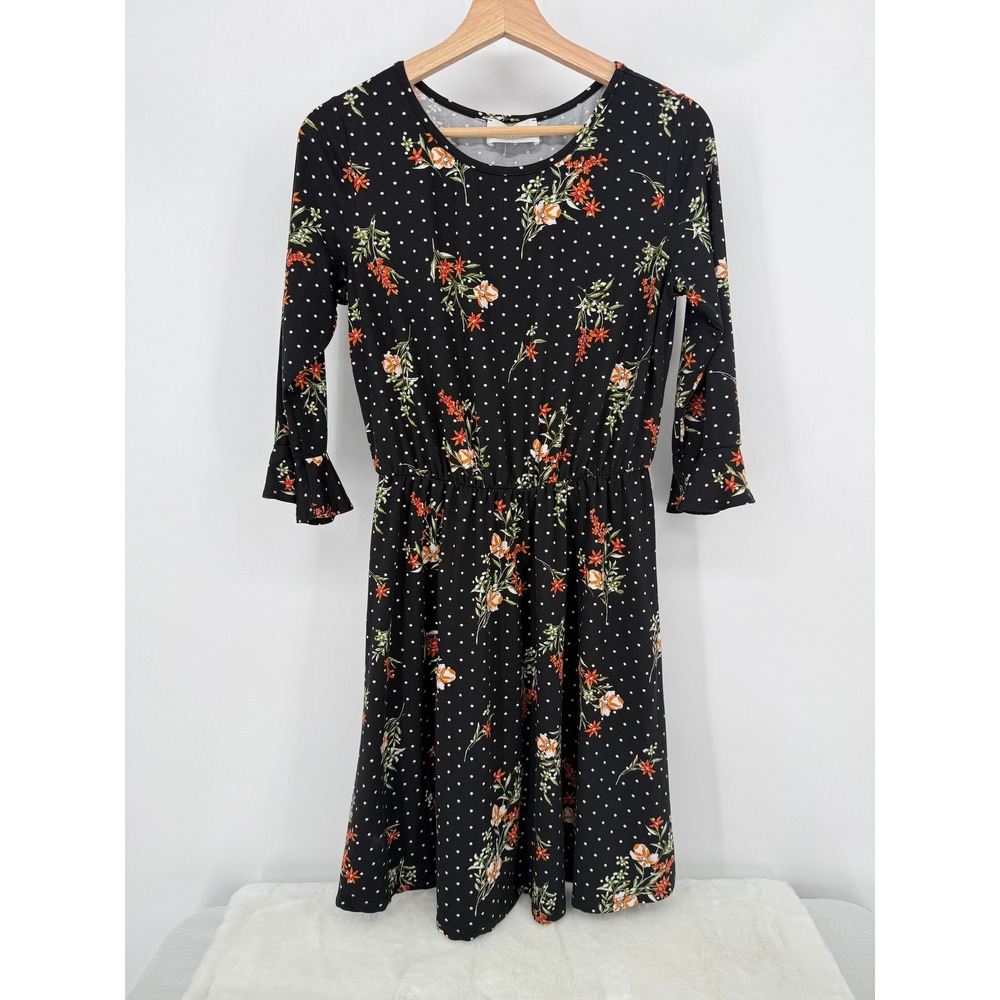 FRENCH GREY Black Floral Polka Dot Dress Flutter Sleeve Elastic‎ Waist M